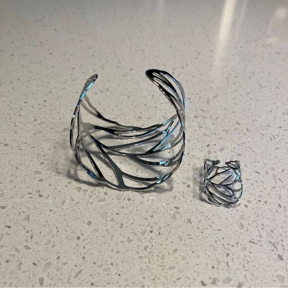 Bangle bracelet & Ring set Metal Leaf Design silver color - Picture 6 of 12